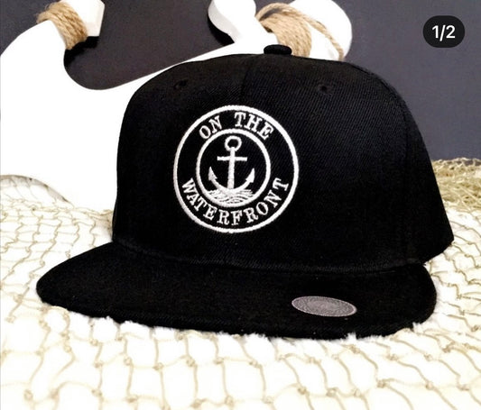 Black 6 Panel Flat Bill Embroidered SnapBack Cap